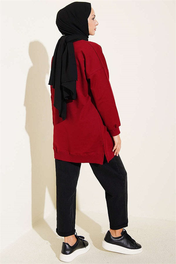 Ribbon Detail Crew Neck Tunic Burgundy
