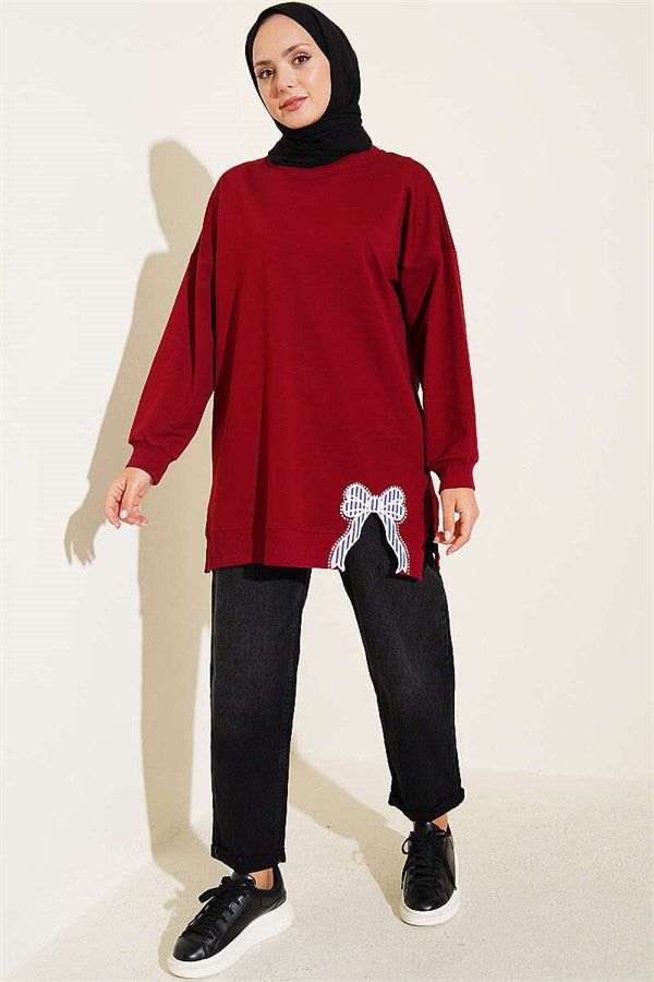Ribbon Detail Crew Neck Tunic Burgundy