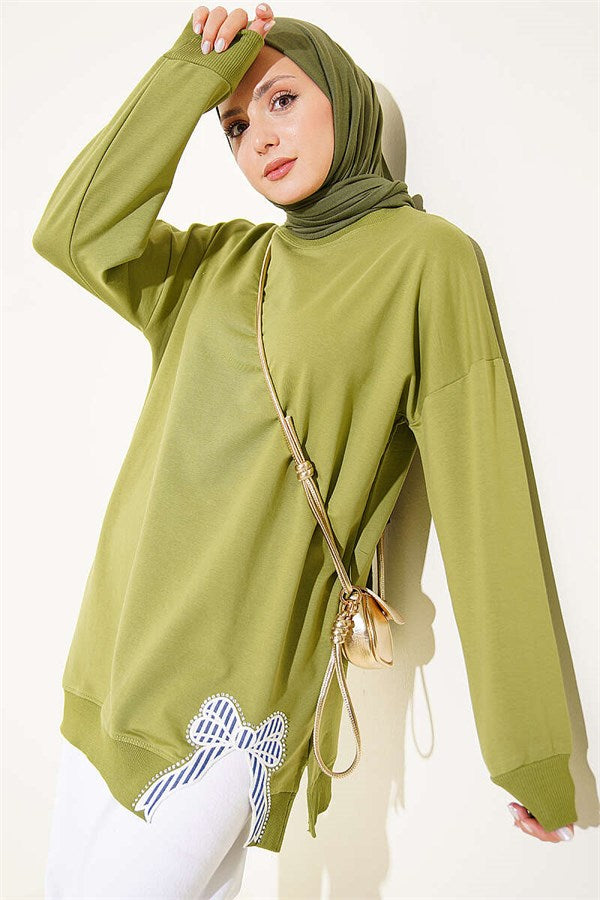 Ribbon Detail Crew Neck Tunic, Light Green