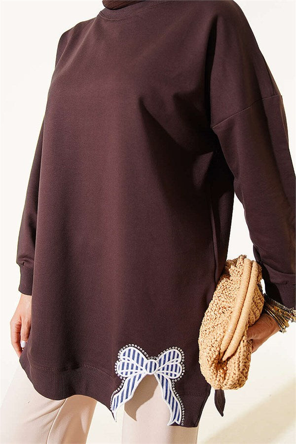 Ribbon Detail Crew Neck Tunic, Brown