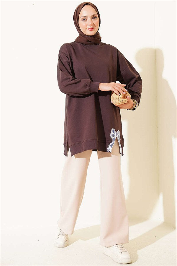 Ribbon Detail Crew Neck Tunic, Brown
