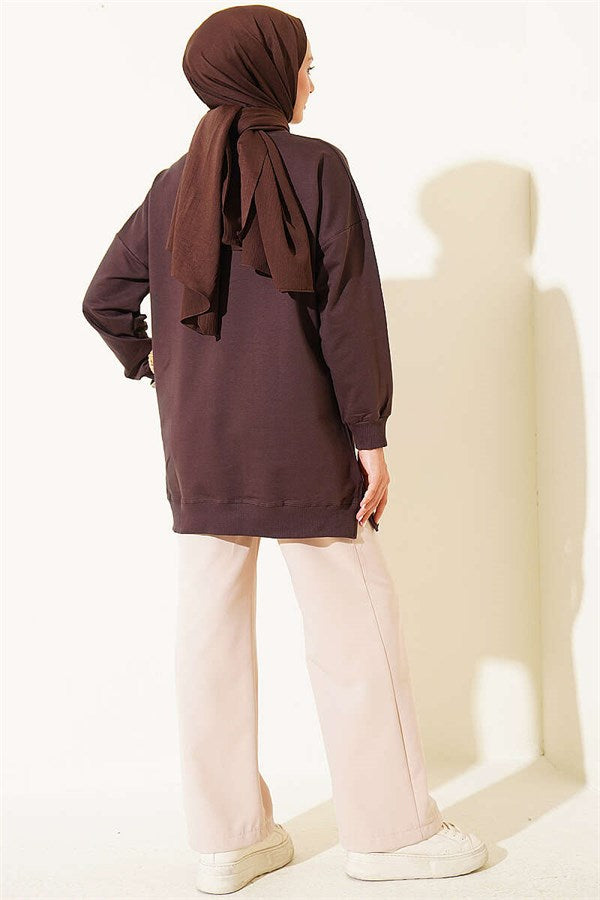 Ribbon Detail Crew Neck Tunic, Brown