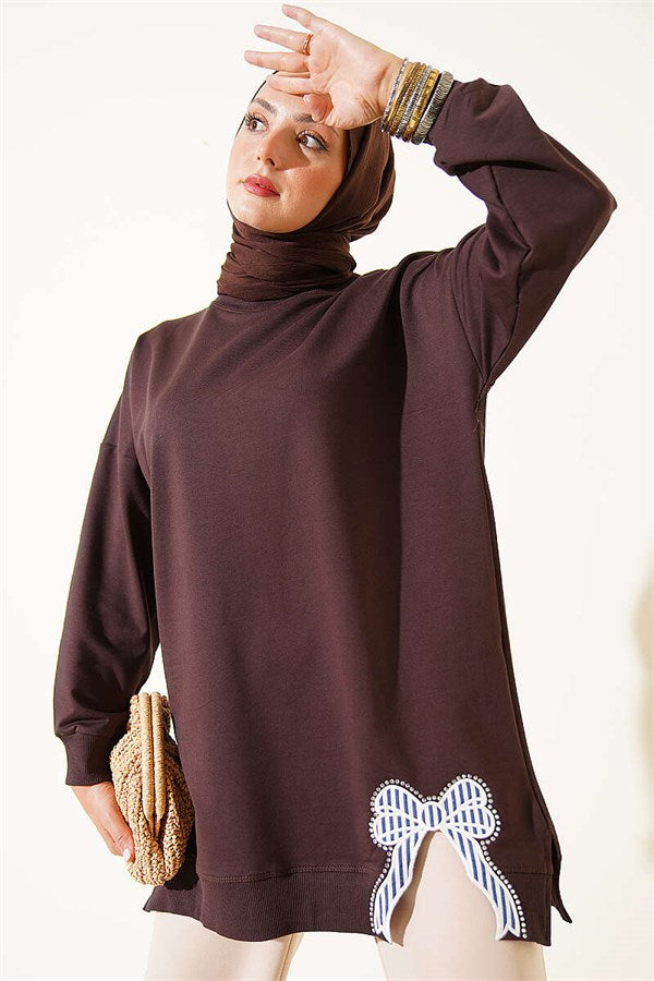 Ribbon Detail Crew Neck Tunic, Brown