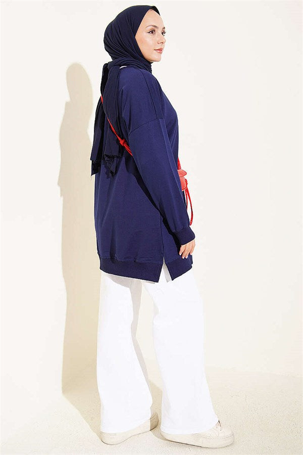Navy Blue Crew Neck Tunic with Ribbon Detail