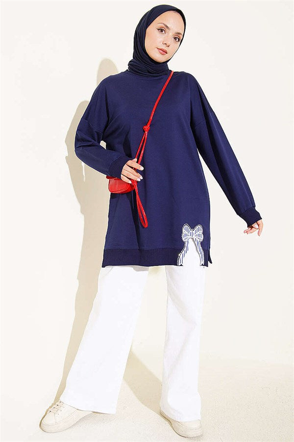 Navy Blue Crew Neck Tunic with Ribbon Detail