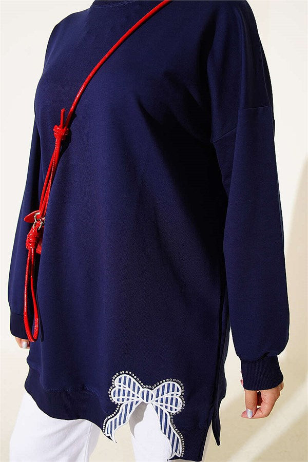 Navy Blue Crew Neck Tunic with Ribbon Detail