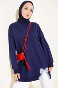 Navy Blue Crew Neck Tunic with Ribbon Detail
