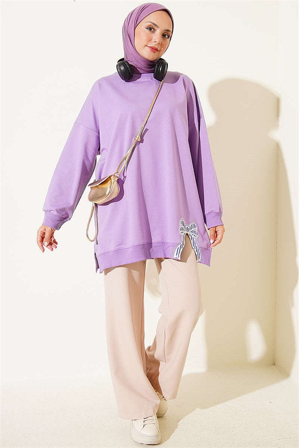 Ribbon Detail Crew Neck Tunic Lilac