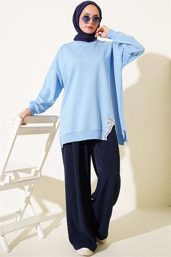 Ribbon Detail Crew Neck Tunic Blue