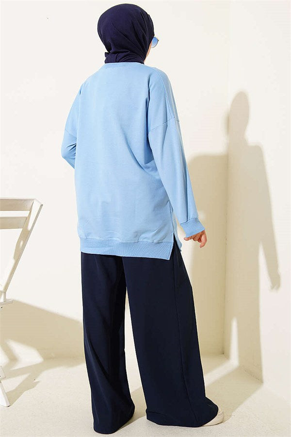 Ribbon Detail Crew Neck Tunic Blue