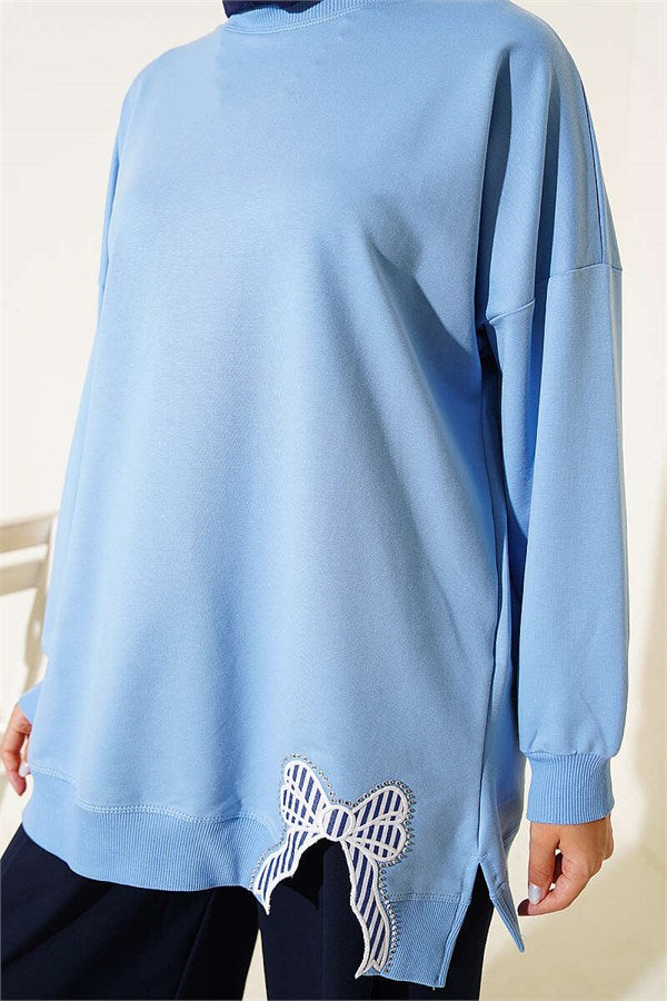 Ribbon Detail Crew Neck Tunic Blue