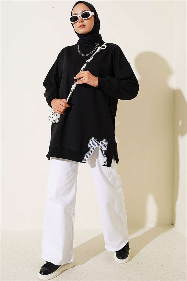 Ribbon Detail Crew Neck Tunic Black