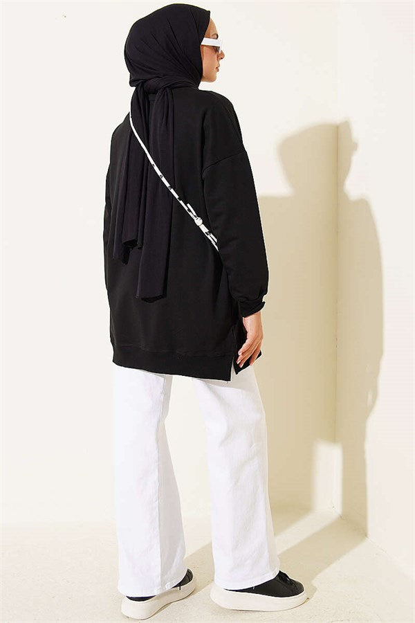 Ribbon Detail Crew Neck Tunic Black