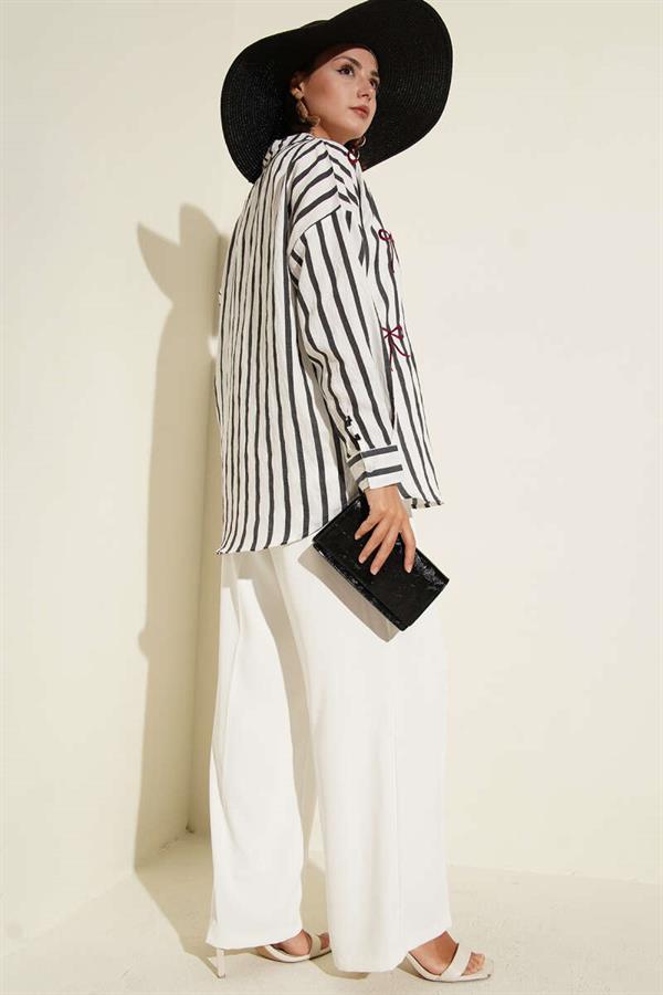 Ribbon Embroidered Striped Shirt Anthracite
