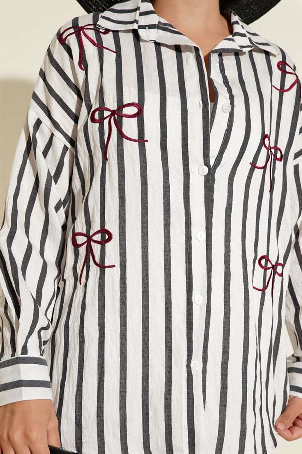 Ribbon Embroidered Striped Shirt Anthracite
