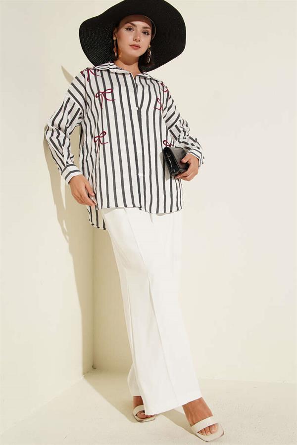 Ribbon Embroidered Striped Shirt Anthracite