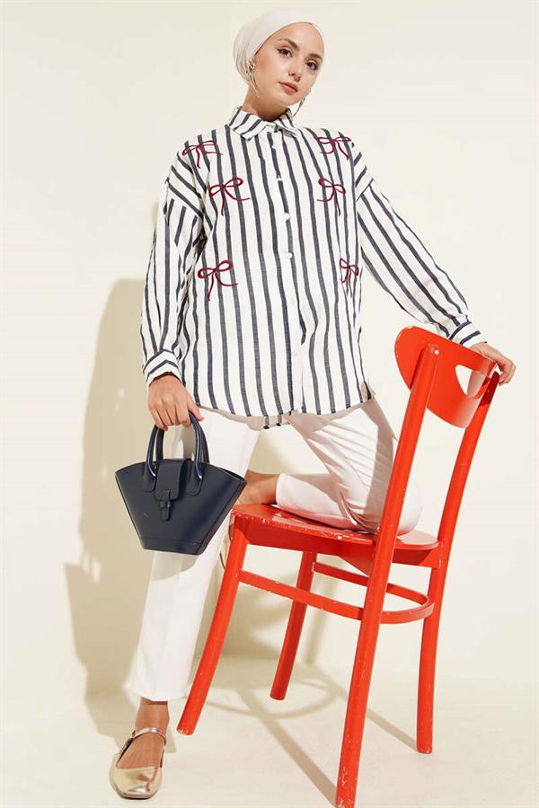 Ribbon Embroidered Striped Shirt Navy Blue