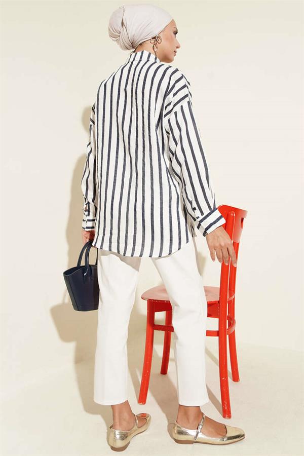 Ribbon Embroidered Striped Shirt Navy Blue