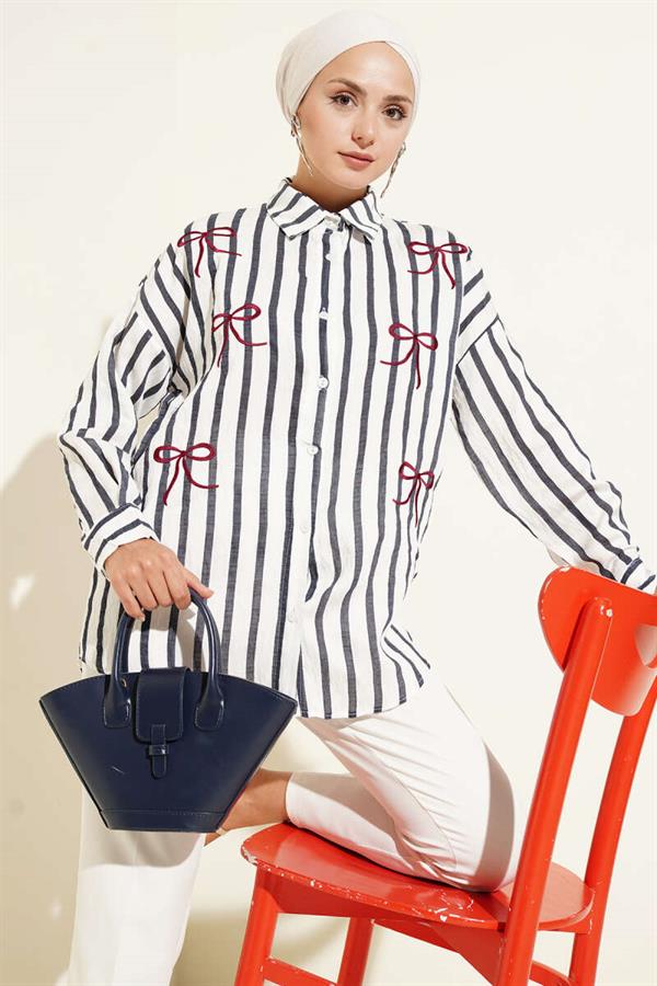 Ribbon Embroidered Striped Shirt Navy Blue