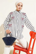 Ribbon Embroidered Striped Shirt Navy Blue