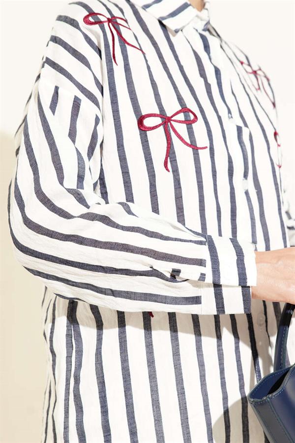 Ribbon Embroidered Striped Shirt Navy Blue