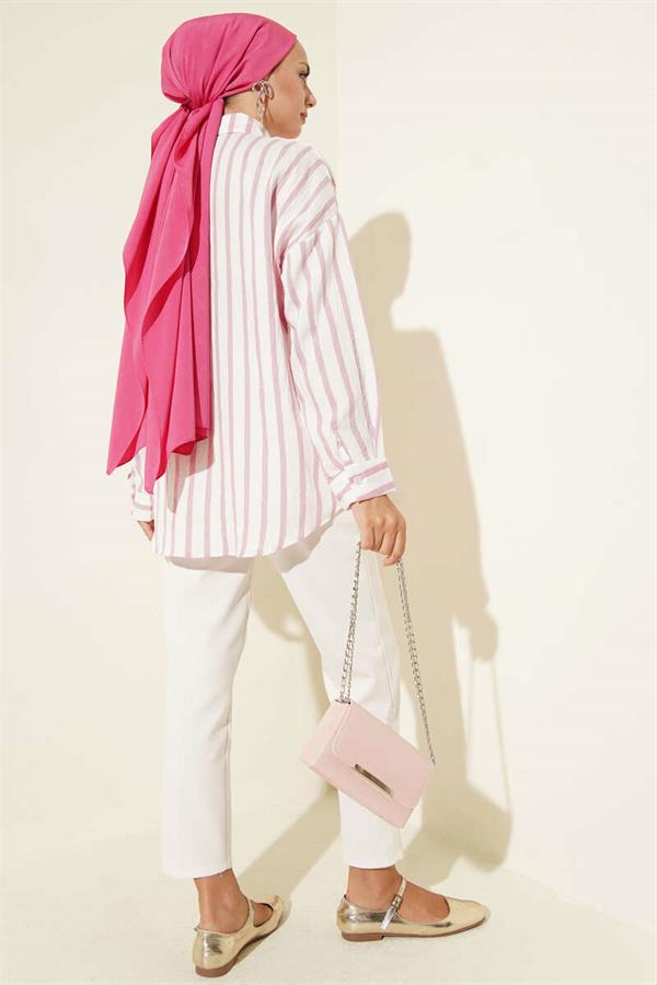 Ribbon Embroidered Striped Shirt Pink