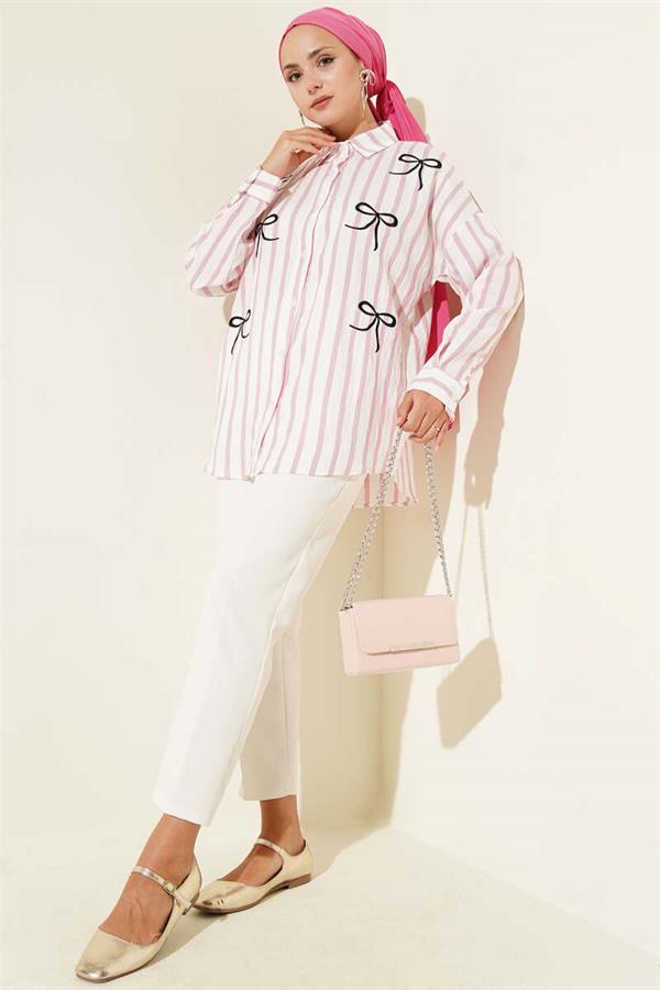 Ribbon Embroidered Striped Shirt Pink