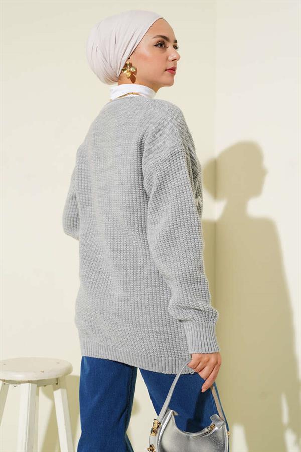 Ribbon-Decorated Knitted Cardigan Gray