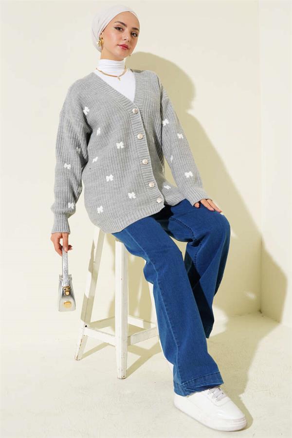 Ribbon-Decorated Knitted Cardigan Gray