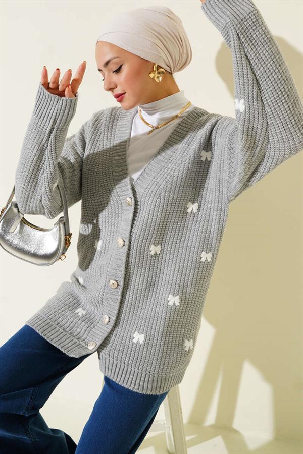 Ribbon-Decorated Knitted Cardigan Gray