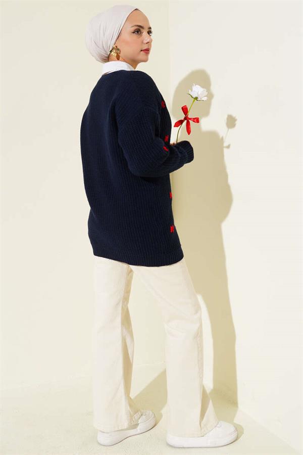 Ribbon-Decorated Knit Cardigan Navy Blue