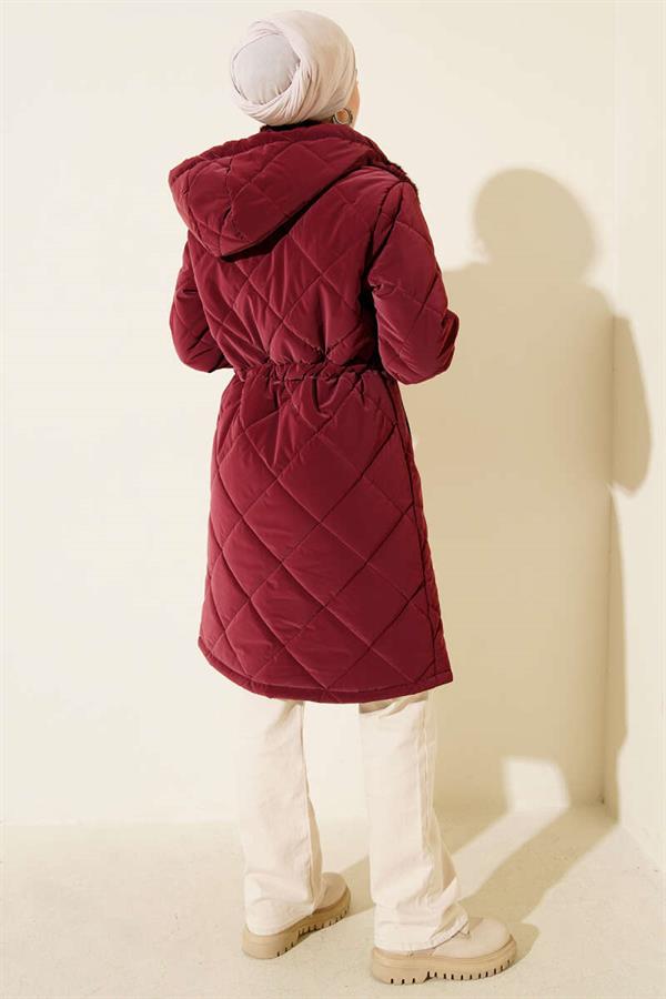 Fur Detailed Hooded Quilted Coat Burgundy