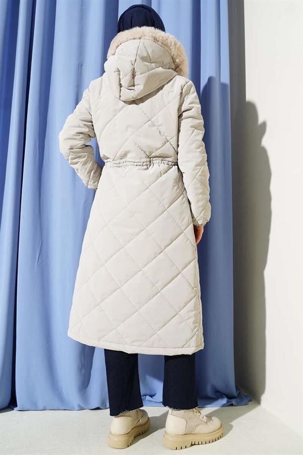 Fur Hooded Quilted Long Coat Stone
