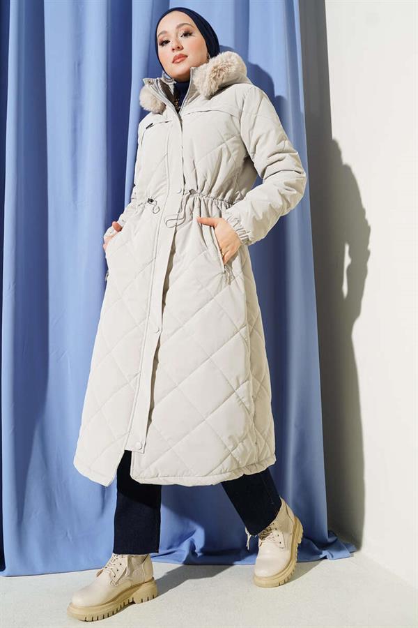 Fur Hooded Quilted Long Coat Stone