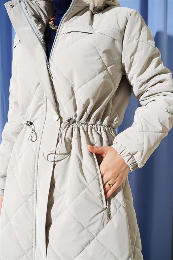 Fur Hooded Quilted Long Coat Stone