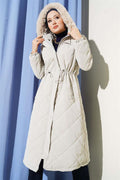 Fur Hooded Quilted Long Coat Stone