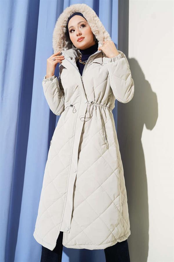 Fur Hooded Quilted Long Coat Stone