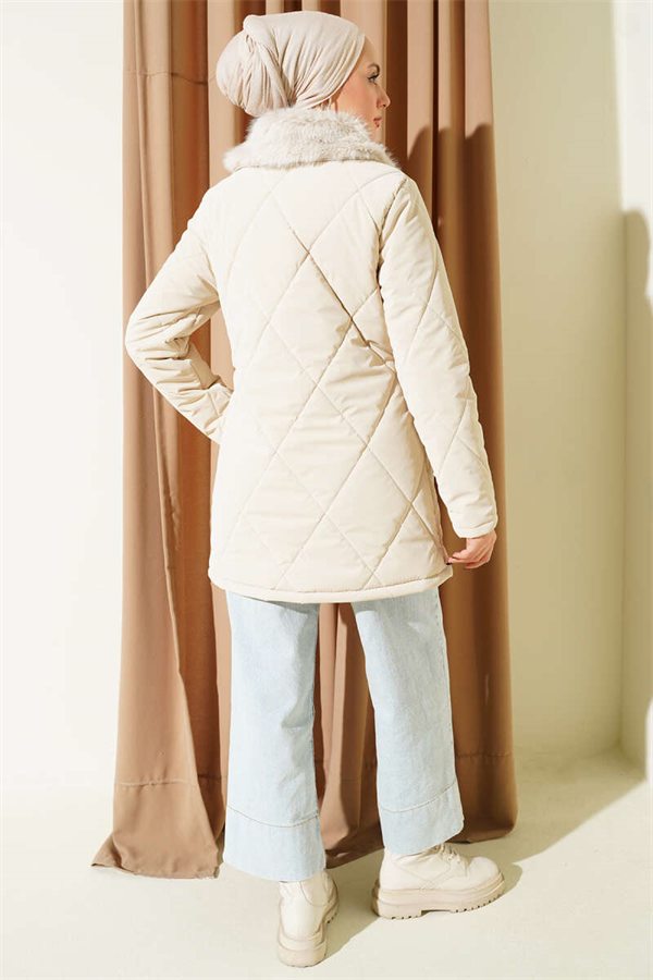 Fur-collared, zip-up quilted coat, beige.