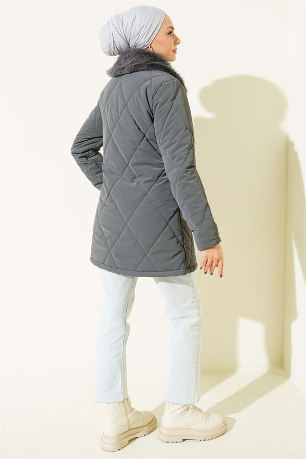 Fur-collared, zip-up quilted coat, dark gray.