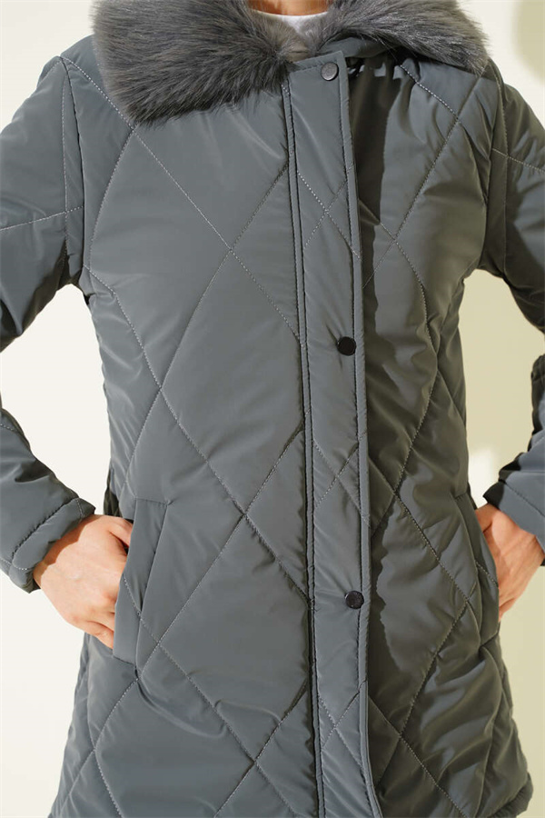 Fur-collared, zip-up quilted coat, dark gray.