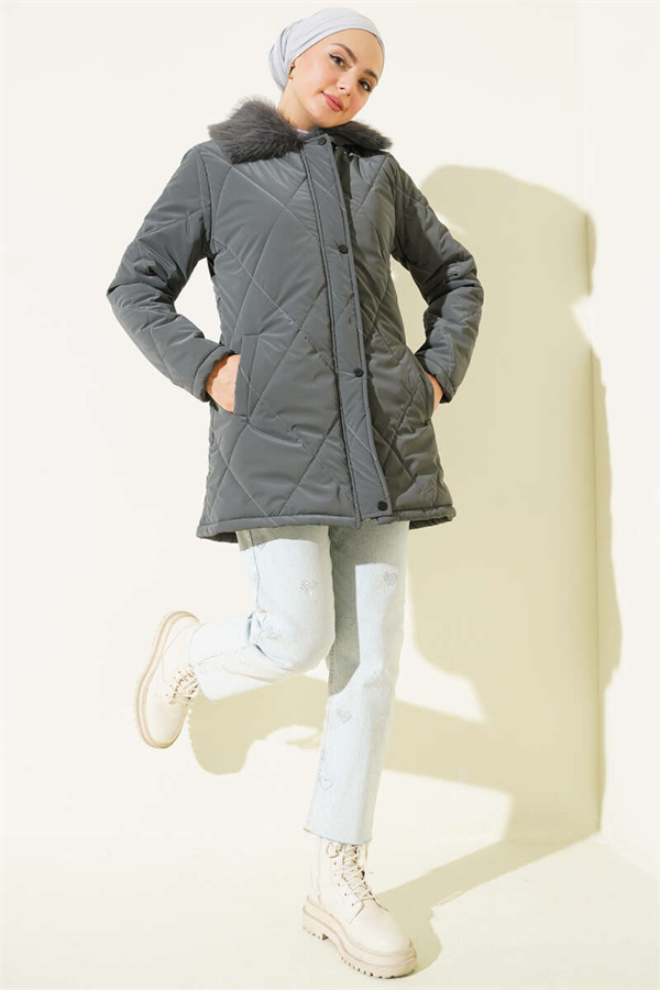 Fur-collared, zip-up quilted coat, dark gray.