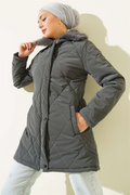 Fur-collared, zip-up quilted coat, dark gray.