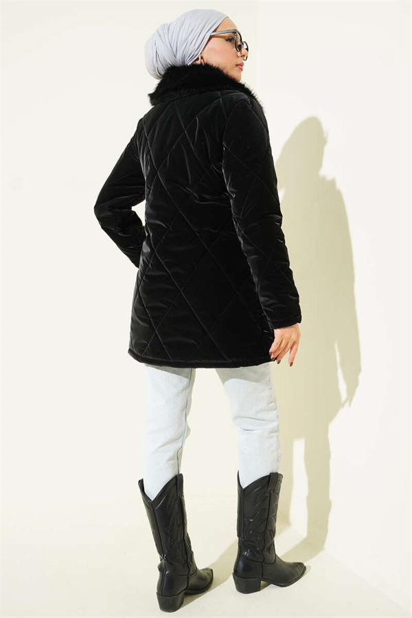Fur Collar Zip-Up Quilted Coat, Black