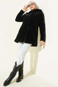 Fur Collar Zip-Up Quilted Coat, Black