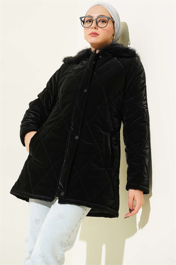 Fur Collar Zip-Up Quilted Coat, Black