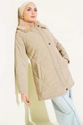 Fur-collared, zip-up quilted coat, mink color.