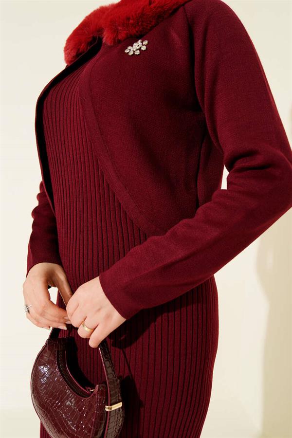 Fur Detailed Gilet Knit Dress Burgundy