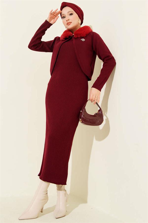 Fur Detailed Gilet Knit Dress Burgundy