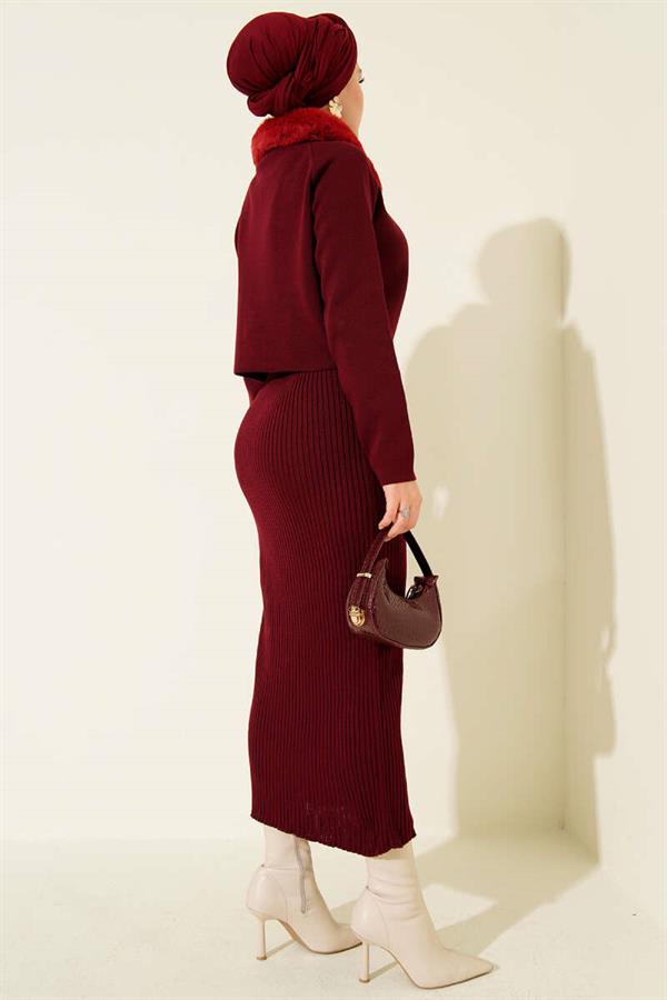 Fur Detailed Gilet Knit Dress Burgundy