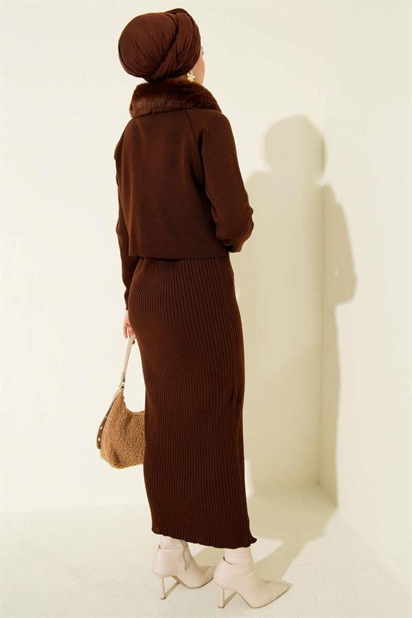 Fur Detailed Vest Knit Dress Brown